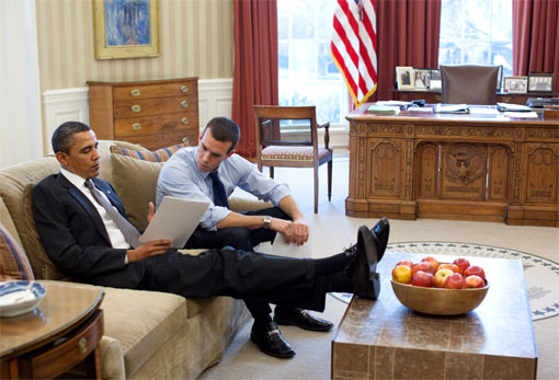 Barack Obama, putting his feet up on furniture in the White House