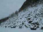 Notice the tiny little human that is Ben, skiing at the lower left, to put this talus field into proper scale.